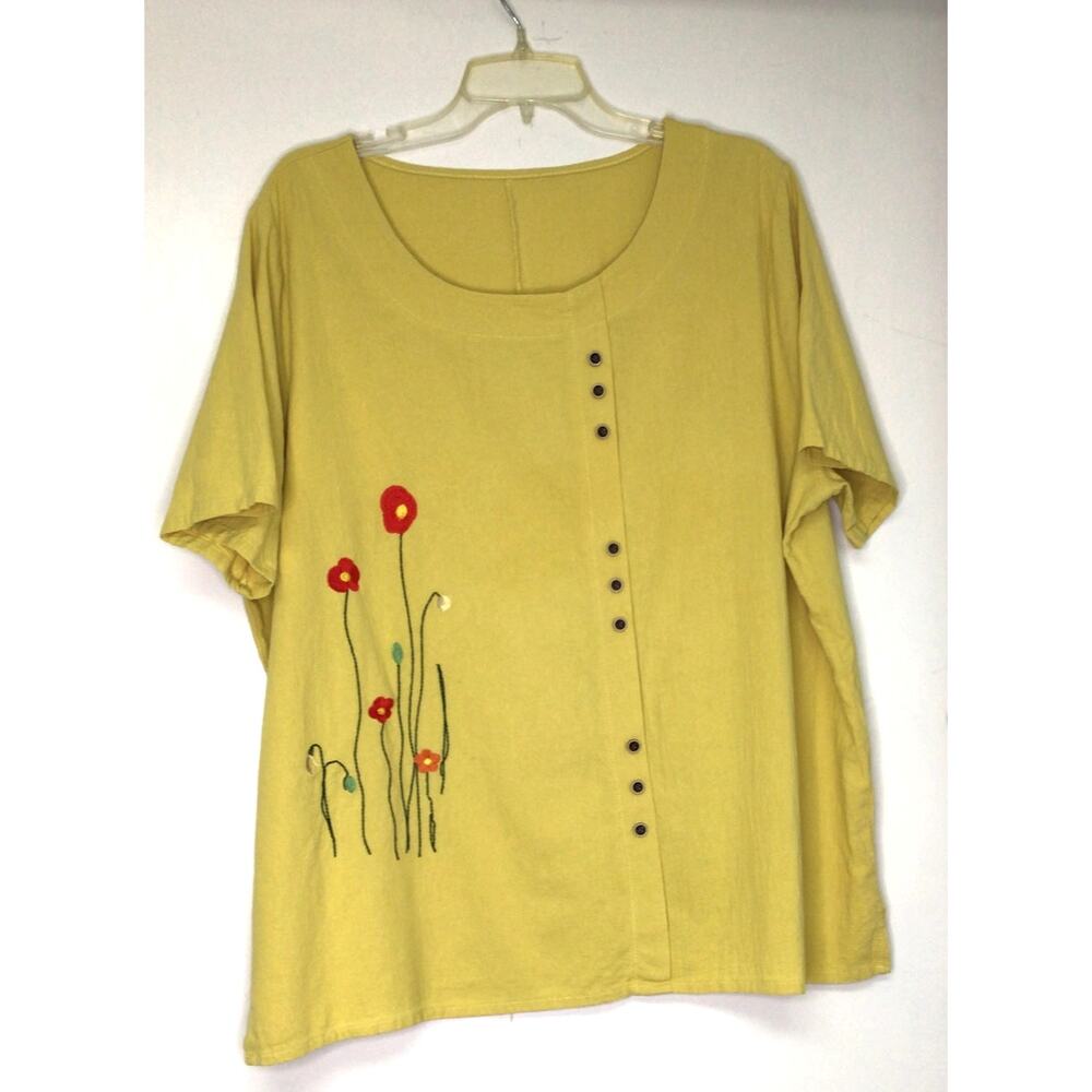 Plus Size Yellow Floral Top 100% Cotton Lagen Look Boho